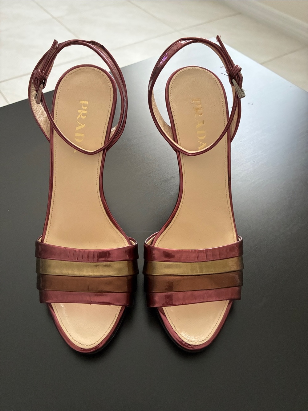 Prada Burgundy and Brown Strappy Heeled Sandals